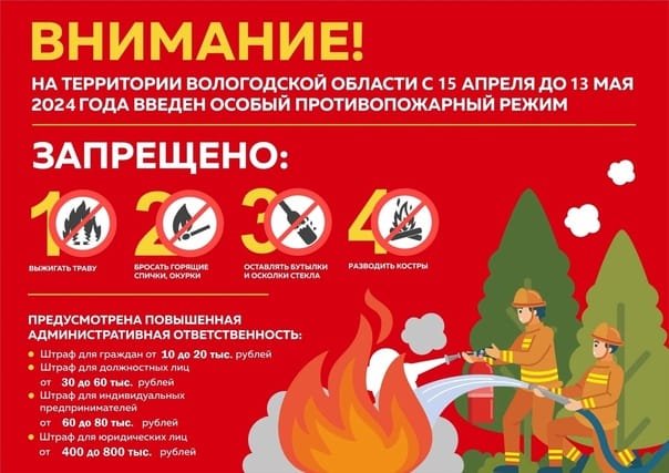 НА ТЕРРИТОРИИ ВОЛОГОДСКОЙ ОБЛАСТИ С 15 АПРЕЛЯ ДО 13 МАЯ 2024 ГОДА ВВЕДЕН ОСОБЫЙ ПРОТИВОПОЖАРНЫЙ РЕЖИМ. НА ТЕРРИТОРИИ ВОЛОГОДСКОЙ ОБЛАСТИ С 15 АПРЕЛЯ ДО 13 МАЯ 2024 ГОДА ВВЕДЕН ОСОБЫЙ ПРОТИВОПОЖАРНЫЙ РЕЖИМ.